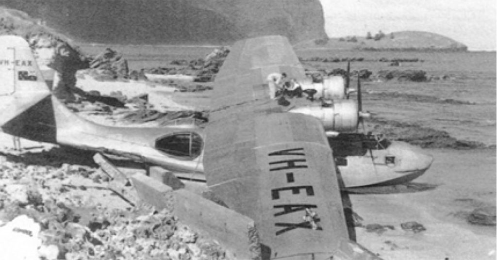 Two engineers undertake salvage of parts from Qantas Catalina in June/July, 1949. (photo LHI Historical Society – Arthur Lenevez)